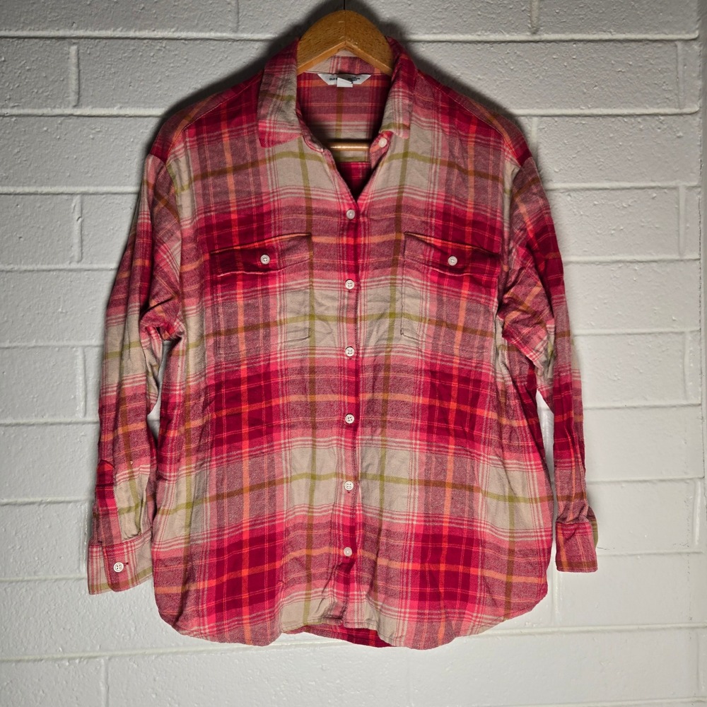 Old Navy Womens The Boyfriend Shirt Plaid Flannel XL Button Cotton Bright Camp